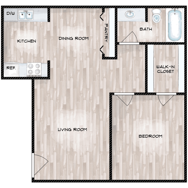 Floor plan for 1 bed, 1 bath, 620 sqft